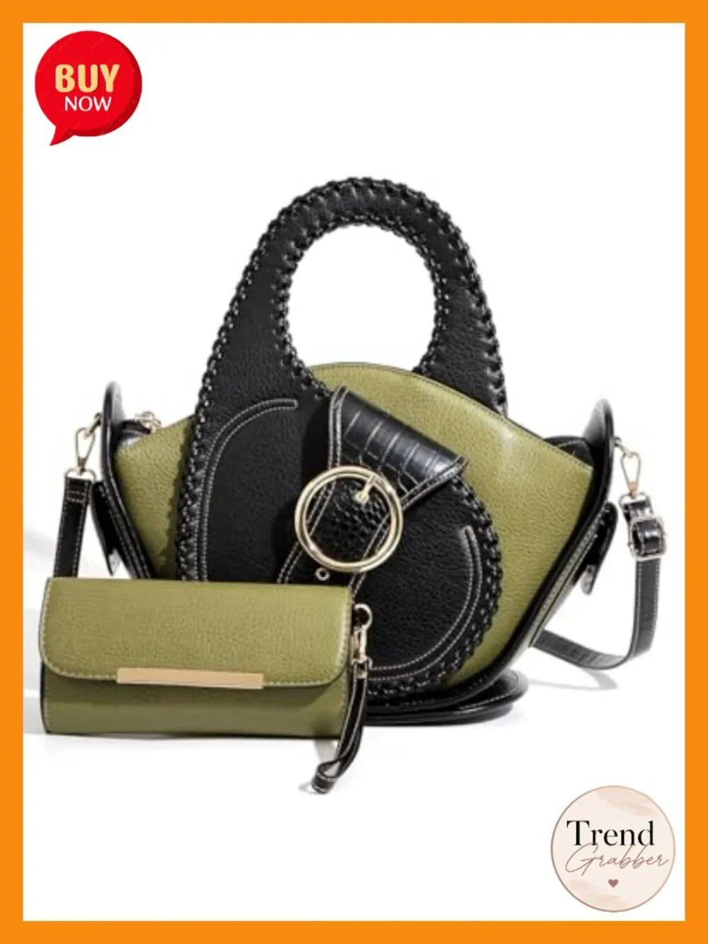 Large Faux Leather Satchel Handbag with Matching Wallet